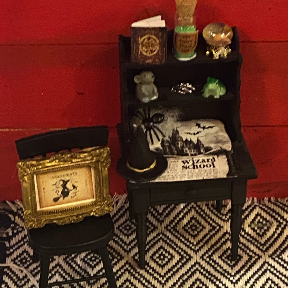 Miniature Black Witch Desk with Accessories - Black